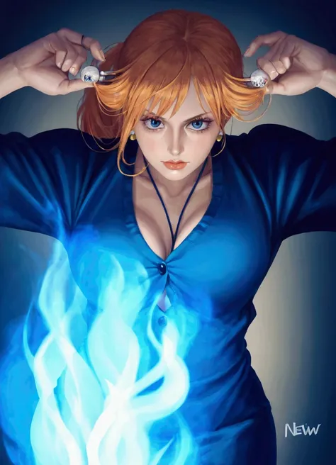 woman with a big breast and a big breast, nami one piece, blue eyes, smoking, ponytail, nsfw