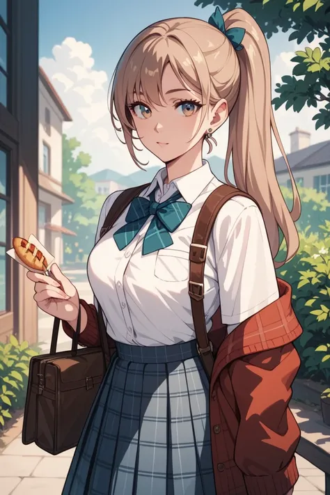 A beautiful woman wearing a middle school uniform. With a plaid skirt. Long light brown hair tied in one ponytail. Stand while holding 2 snack products with both hands. Make him hold 2 different foods. holding 2 different foods. Showing the body as a whole...