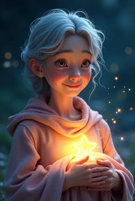 Lily’s  beautiful grandmother holding a glowing, starry blanket in her hands.
