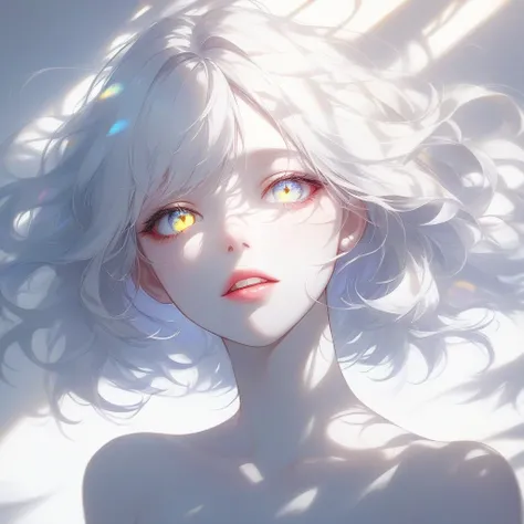 dark,caustics,colorful,gorgeous light and shadow,full body,
The girls pale skin,her lips are slightly open to reveal her teeth,and her (blue and yellow eyes) eyes are blur and dreamy. mottled light and shadow,portrait,white hair,side face,  