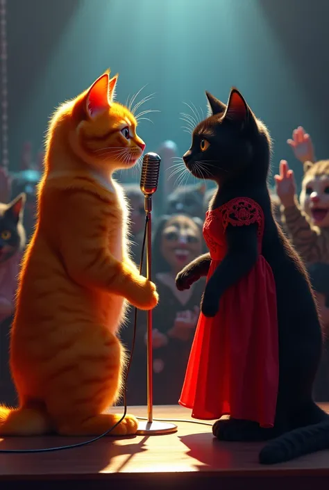 An orange cat who is the singer of a band looks at one of their fans and falls in love with her, seeing her in the audience, who is also a black cat and wears a red dress