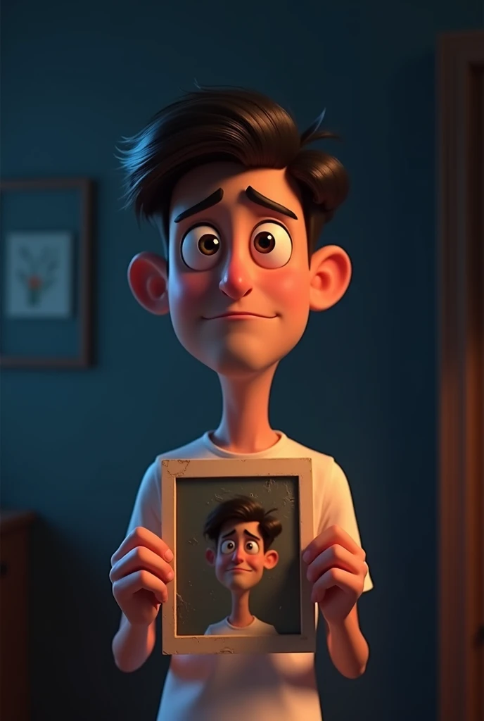 Generate in image 3d cartoon style 
young man in a dark room holding an old, faded photograph. The picture shows a smiling middle-aged man with kind eyes, evoking a mix of sadness and shock.