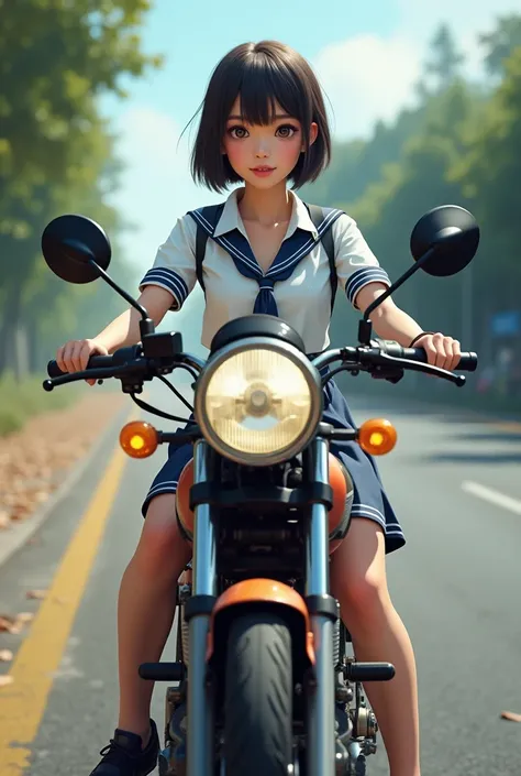 1 Thai women, teenagers with short hair Wearing a school uniform, short skirt, sitting on a motorcycle in the background of the road รูปสมจริง