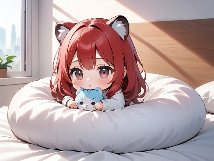  best quality, masterpiece,  Kyrie light mash, Alone,  one girl,  dark eyes,  white turtleneck shirt on a fluffy bed , (Chibi: 0.6),  Bright Red Hair , cute,  holding a cute tiger baby、In a fluffy bed、