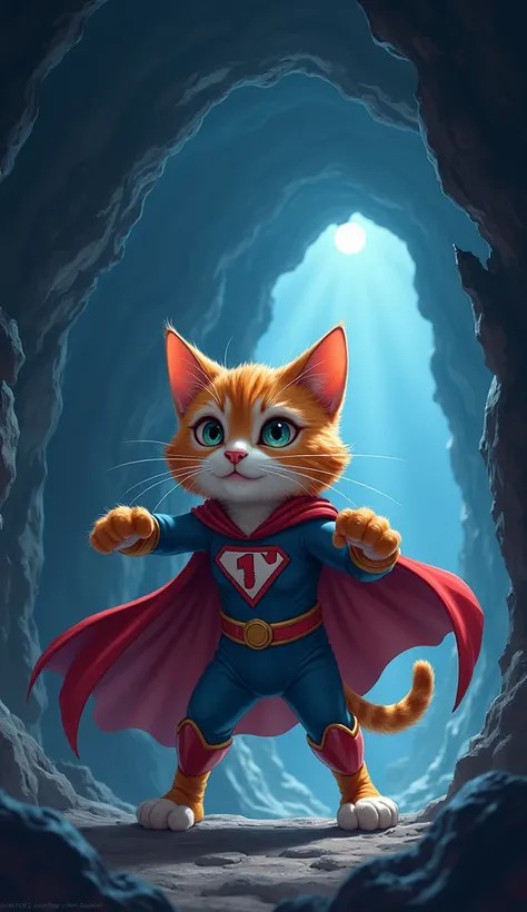 An alarm ringing in a cave with an anime-style superhero cat