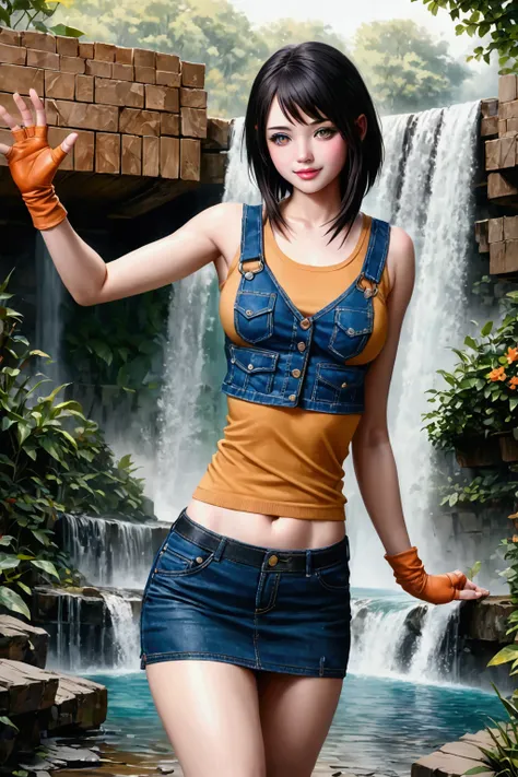 smiling pretty woman, waterfall background, (+forehead, black medium hair), wearing light-orange sleeveless shirt, light-orange fingerless gloves, denim waistcoat, dark-denim pencil mini skirt, BREAK, (1girl, solo, full body), (best quality,4k,8k,highres,m...