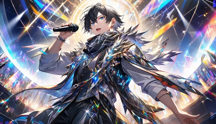        Cool Costume        、         Man with Cool Clothes              、scarf, Grey Hair,         jagged black hair       、 sharp eyesight 、       、     Singer with Microphone           、      High Dynamic Range 、 Shining bright light 、          Man with ...