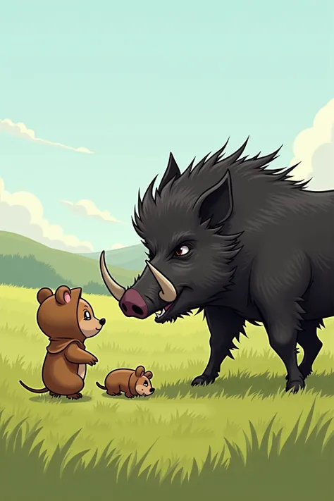 The black wild boar is angry， The vole is stopping the black boar from hurting a little mouse lying on the ground，Only the little mouse wears a teddy bear hood，The background is in the field ,2D