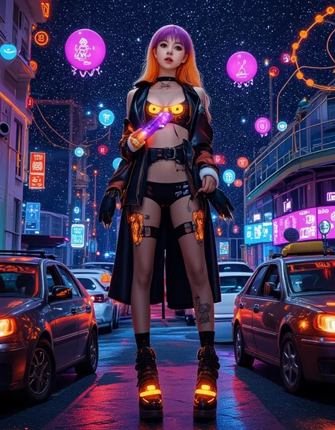  A surreal 9x9 grid layout The character table ， features a fatal girl in a cyberpunk-style Santa costume ， Each pocket shows a different aspect of her design ， include a close-up of her eye-catching features ， such as neon orange or purple hair and sharp ...