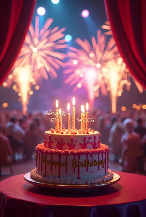 A birthday cake with fireworks and backstage and a happy birthday Maye Torrez and may God bless you 💕🎈🎈