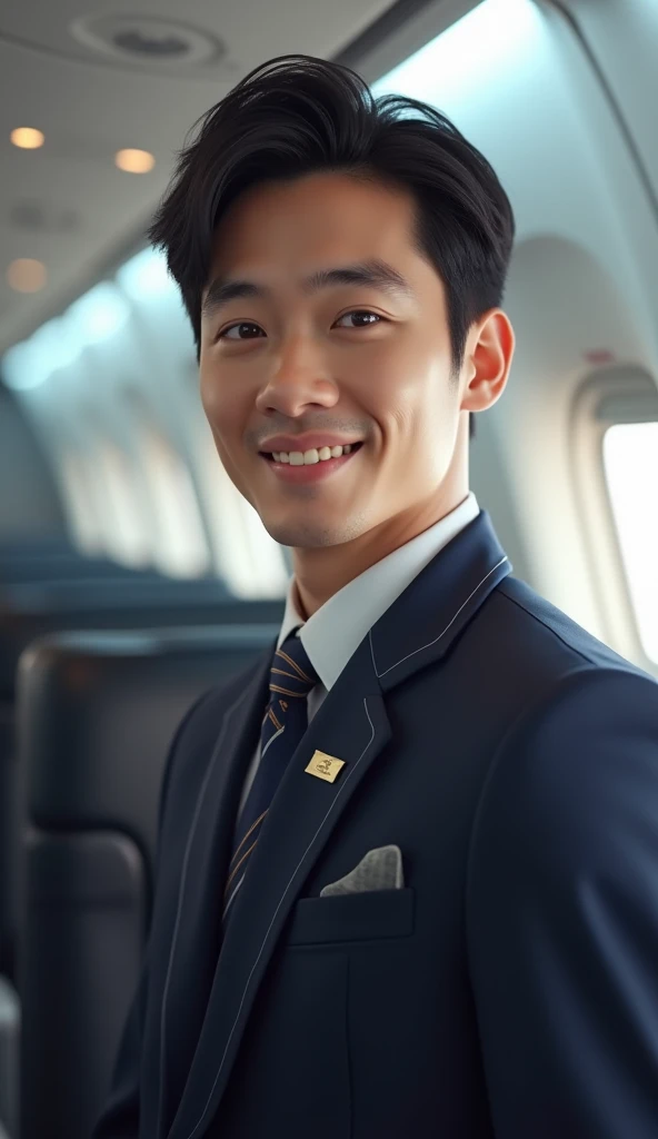 (photorealism:1.2), Handsome japanese man, 22-27 year-old, inside the plane, flight attendant, smile, serving 