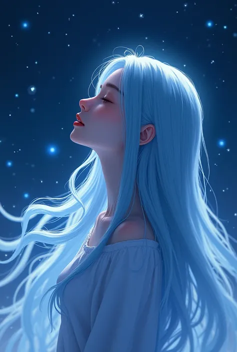  1 girl,  high definition , Long Hair, Blue Hair/Light blue hair,  very long hair ,  hair that flutters like,  closed eyes, Overlooking,  Widescreen ,  glitter effect ,  Illustration ,  digital art, Looking up at the night sky、Full profile