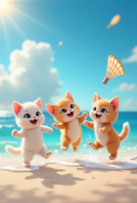 Sunny day kittens on the beach having fun playing shuttlecocks, cheerful,  disney style,  3d,  fantasy 