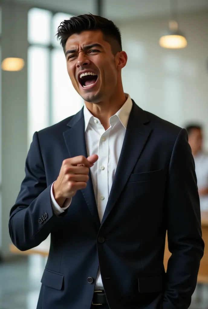 japanese man resembling ronaldo with a small head, in a suit looking angry and shouting at the viewer. pointing at the viewer. i...