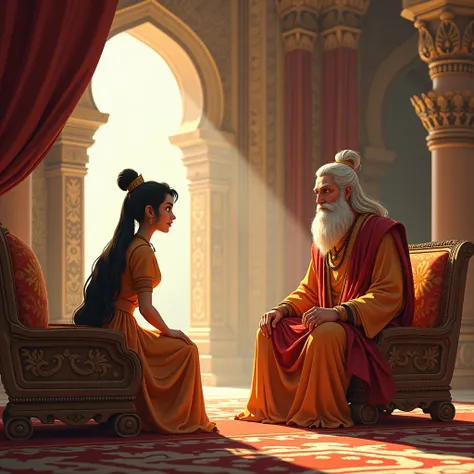 A view of a huge and beautiful palace, with a majestic sitting room inside the palace. Princess Sukanya is sitting beside the king. Sukanya is eagerly asking the king the meaning of Dharma. The king is in deep thought and is about to answer with a smile.