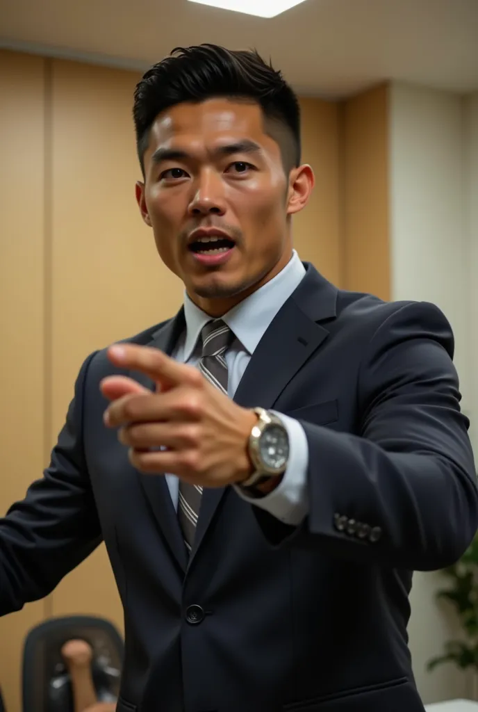 japanese man resembling ronaldo with a small head, in a suit looking angry and shouting at the viewer. pointing at the viewer. i...