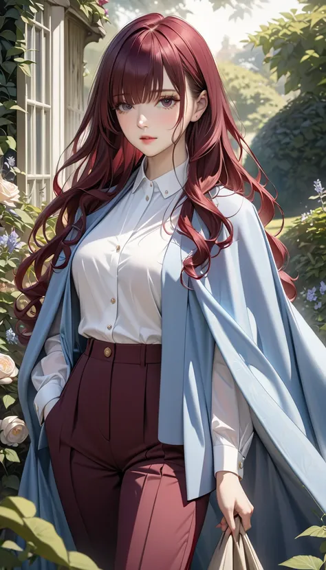 solo。
 realistic drawing。High image quality。 High Quality 。British women。 maroon hair in the garden。curly long hair。 hide one eye with bangs。Light blue cloak。 Elegant Outfits 。Shirt and trousers。