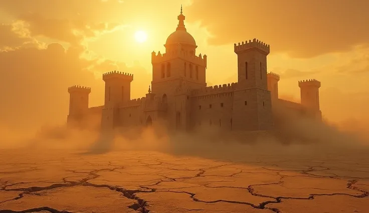 A symbolic castle ,  slowly crumbling into a golden desert at sunset,  surrounded by dust clouds and cracks in the surrounding ground .  A visual symbolism of the empires instability —air 16 :9