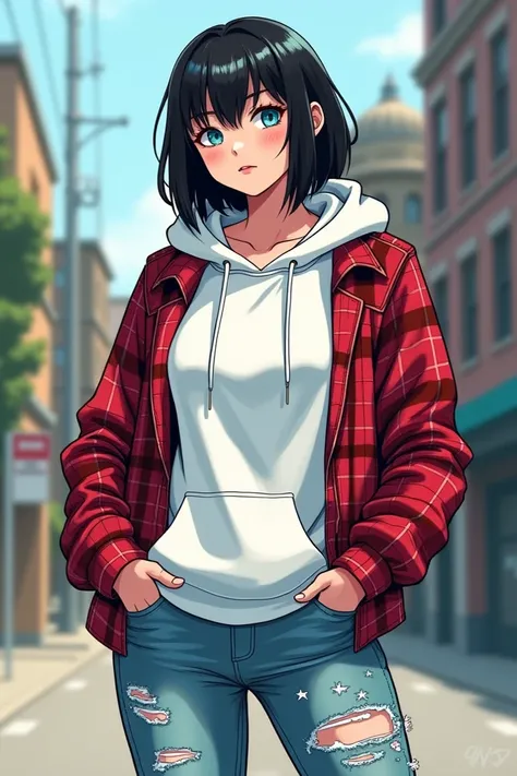 a girl is 24 years old, tall is about 187 cm has black shoulder length wolfcut hair with bangs  is a tomboy is wearing white hoodie combined with a red checkered flannel shirt. Wearing long jeans but ripped at the knees, wearing white sneakers have ideal b...