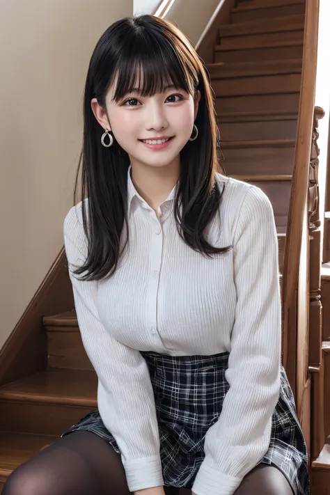  best quality, Realistic,  Very detailed, Delicate details,  high definition , 8k wallpaper,  Beautiful Women,Sit on the stairs、smile、 black tights、 long sleeve blouse、Checkered knee-length skirt、pumps、 black hair、 Beautiful Bangs、Ear Piercing、 perfect dyn...