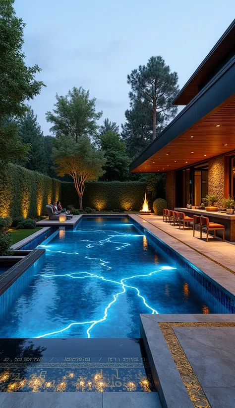 An expansive backyard designed as a modern tribute to Asgard. The infinity pool is tiled in dark blue with golden accents and features an underwater lighting system that creates the illusion of lightning bolts streaking through the water. At one end of the...