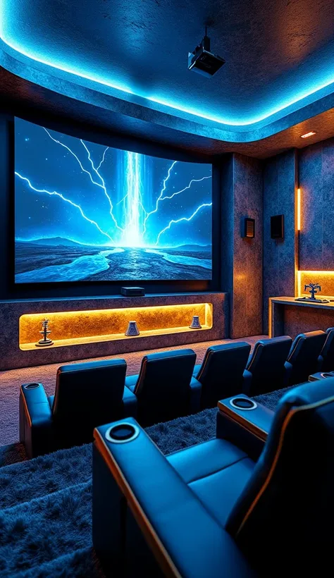 A high-tech entertainment room designed with a Thor-inspired aesthetic. The centerpiece is a gigantic curved screen, framed by glowing lightning bolt patterns in blue and gold. The walls are textured to resemble Asgardian stone, with subtle LED lighting cr...