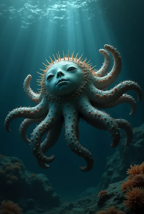  Ubur- human-headed urchin ,deep sea background .