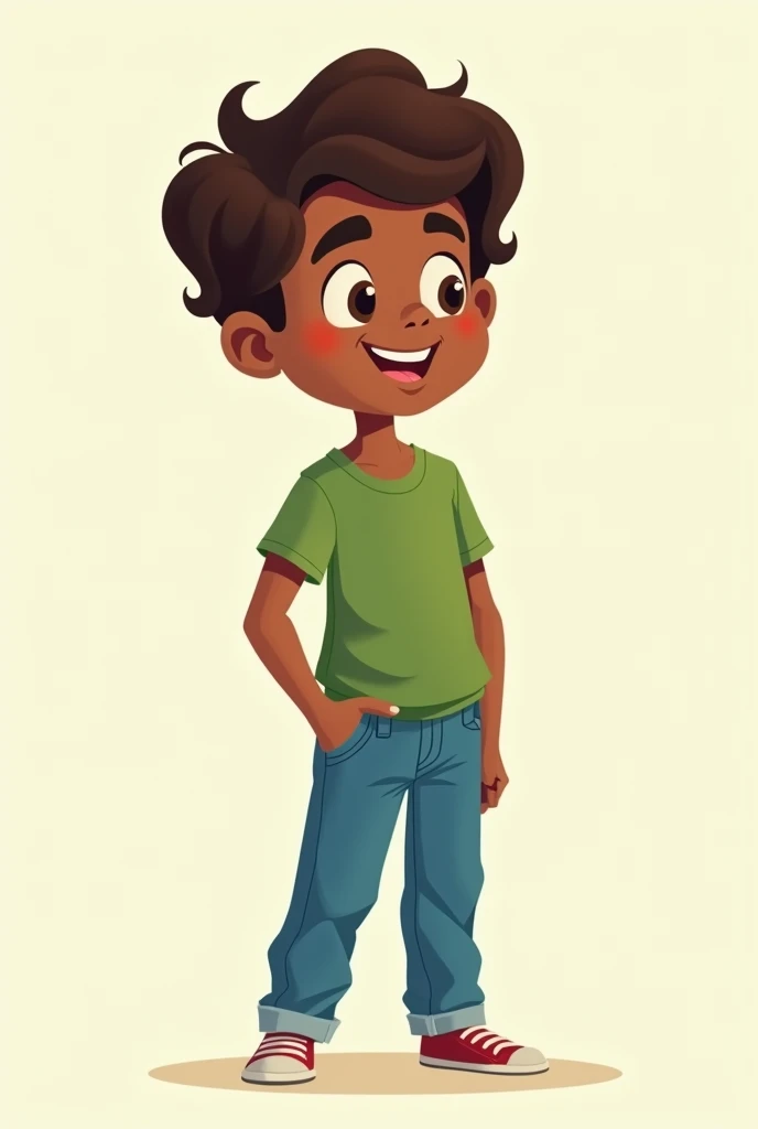 Full-length dark-skinned boy with a green shirt and blue pants and wavy brown hair, talking, cartoon illustration, rens book illustration , cartoon style illustration ,  digital illustration,  flat illustration , big view