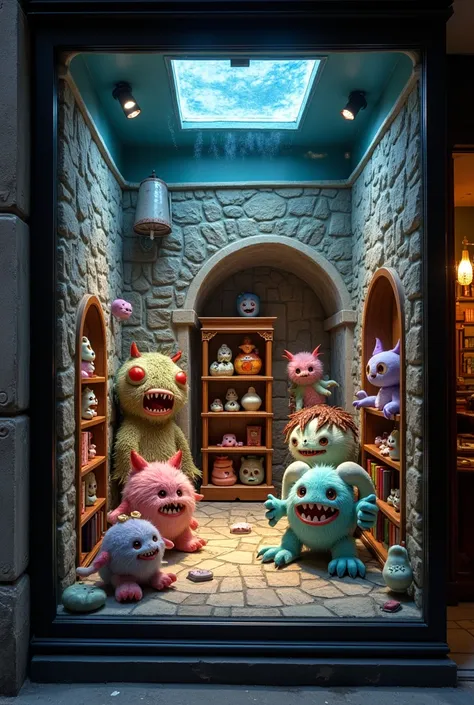  The outer frame is a square transparent window display ，The inside is a Monsters Academy style display ， The window mainly shows Monster Academy doll figures sold