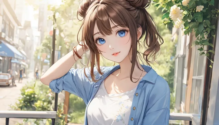  a girl  、 Charming beautiful blue eyes  、long hair， with two brown hair buns 、 casual outfit 