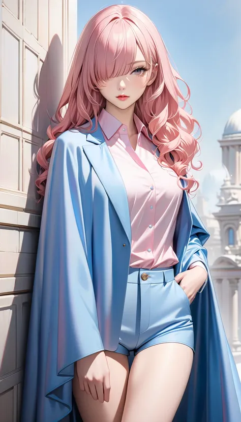 solo。
 realistic drawing。High image quality。 High Quality 。British women。 pink blond hair。 long curly hair。 hide one eye with bangs。curly side hair 。Light blue cloak。 Elegant Outfits 。 shirt and hot pants 。