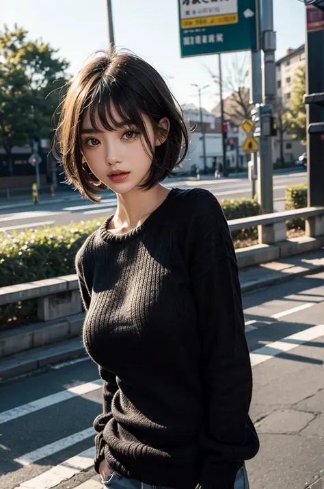  Black knitted sweater、  short bob mash hair 、 full of bangs、Above Mizoroshi、Large breasts、pure