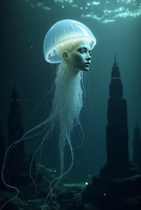 Human headed transparent jellyfish ,deep sea background .