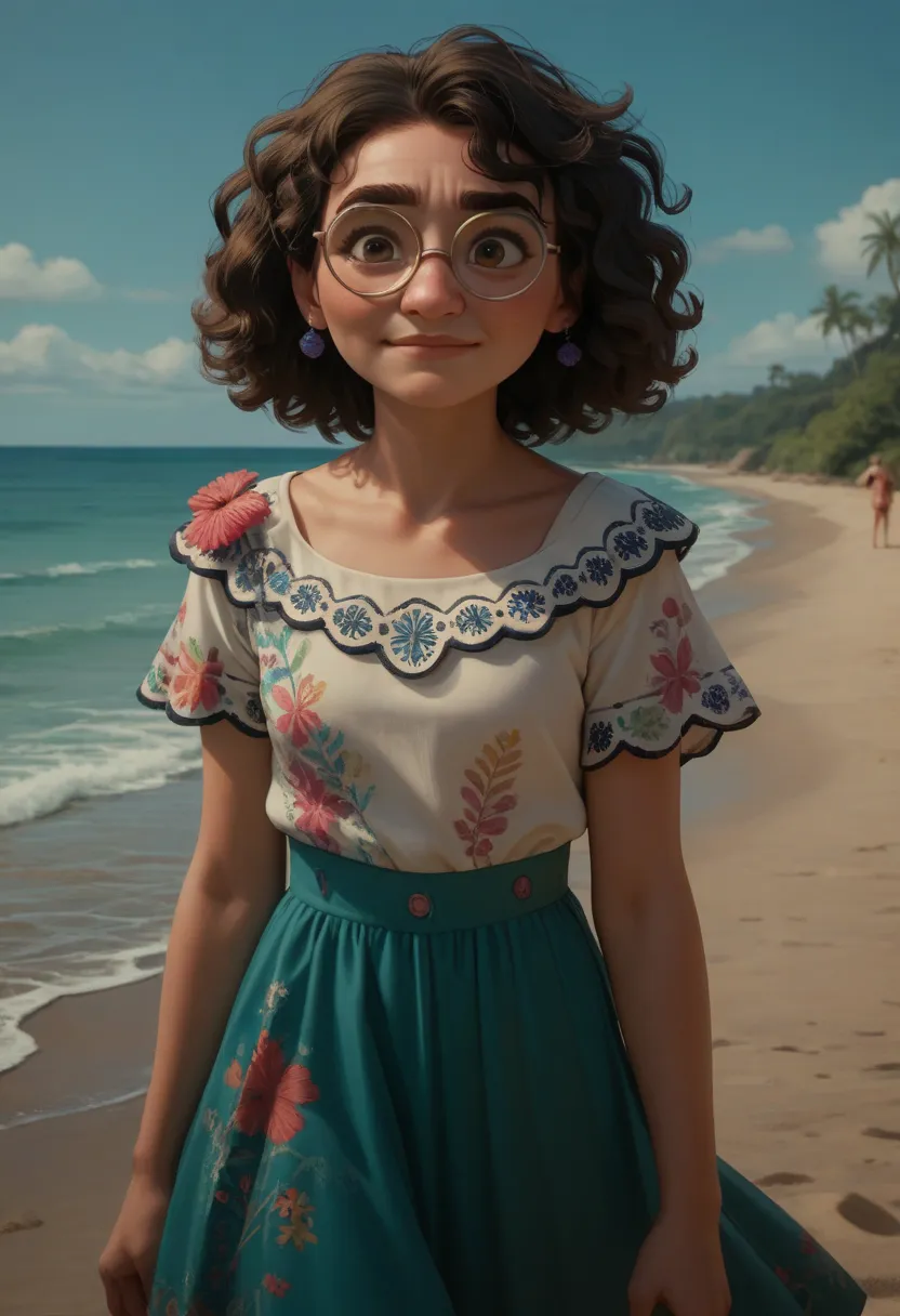 MirabelM, glasses 1girl, full summer dress curious smirk on beach