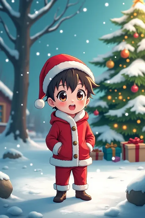 An anime boy with red Santa cloth in Christmas. Background is green with Christmas tree and snow everywhere