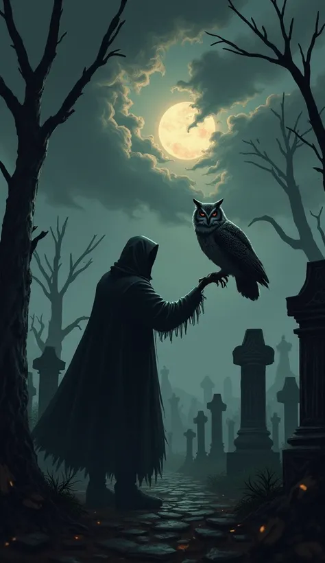 dark african horror wich creapy, playing with a Great Grey Owl in a cemetery at night with dark gray and black fiery billowy clouds in the background. A haunting dramatic scene