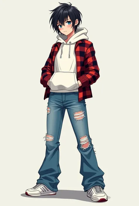 make it a girl is 24 years old, tall is about 187 cm has black shoulder length wolfcut hair with bangs  is a tomboy is wearing white hoodie combined with a red checkered flannel shirt. Wearing long jeans but ripped at the knees, wearing white sneakers have...