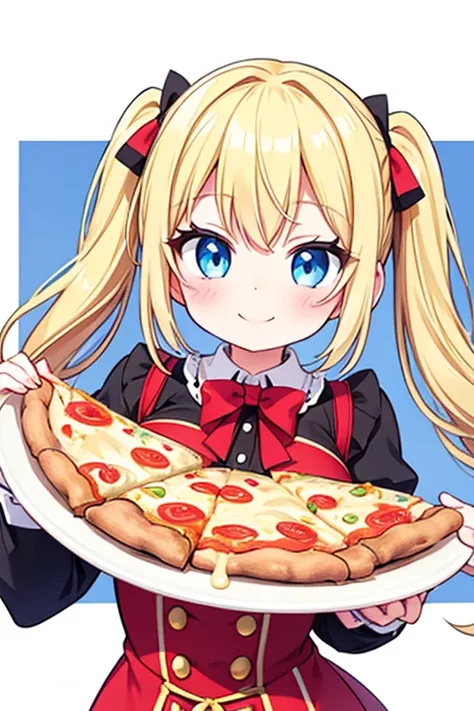 A happy smile,Large serving of pizza,large pizza,Highest quality,Blonde with blue eyes、Lolita、Small breasts、Twin tails、girl&#39;enjoy,smile,bonnet,