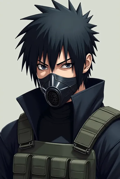 Uchiha Sasuke Swat police, black uniform, Handsome, realistic art, Cold face, black eyes, black hair, wearing tactical and mask a mask that protects the face except the eyes