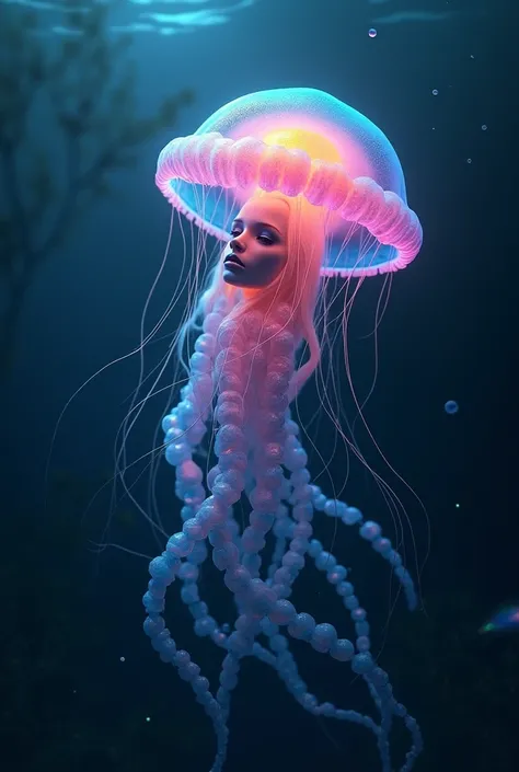 Human headed rainbow color transparent jellyfish ,deep sea background .