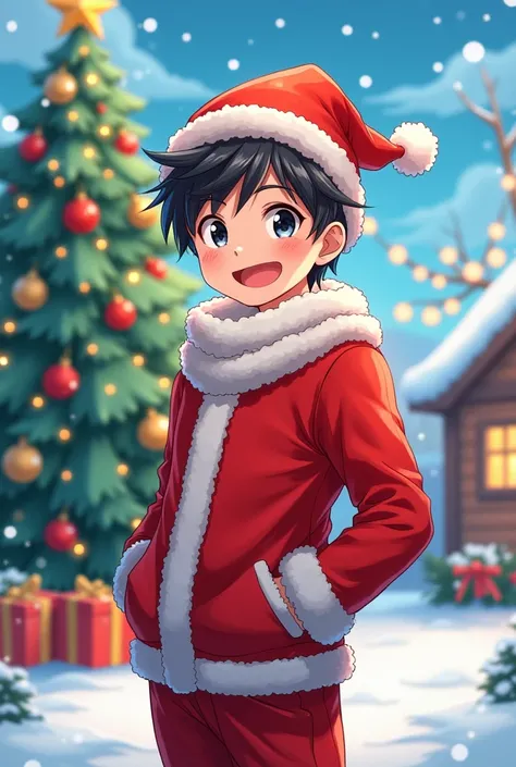 An anime boy 18 years old with red Santa cloth in Christmas. Background is green with Christmas tree and snow everywhere