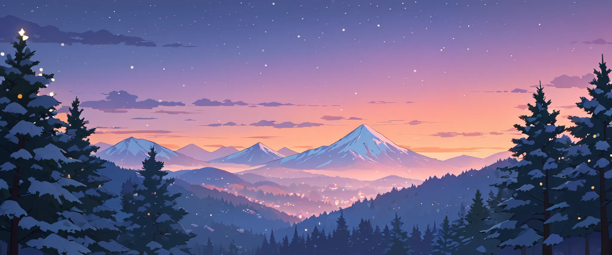 christmas vibes ultrawide ,cozy ,lofi ,landscape ,forest ,mountain