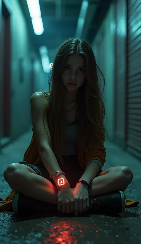 A mysterious young girl sitting in a dimly lit futuristic alleyway. Her tattered clothes and calm expression contrast with the glowing timestamp on her wrist, which reads “0.” The alley features faint neon lights and metallic walls, creating a somber and e...