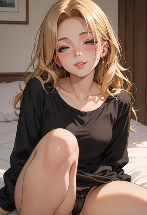  perfect details,   ,  a sexy woman wearing her wavy and long blonde hair,  looking seductively and smiling,   eyes half closed   ,soft lips, blushed intensely , large long sleeve shirt ,  Black panties , thick thighs ,seductive pose, medium chest,    perf...