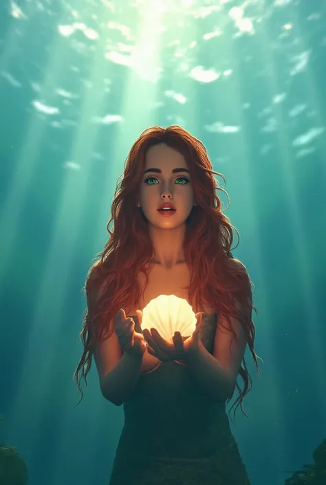 ((HD))，((Ultra HD))，((The background is bright area)),((Sunlight shines down from above))，((formation beautiful light and shadow layers))。((Light penetrates the water))，1Girl with red hair and green eyes, long hair, little mermaid, fantasy style, in the se...