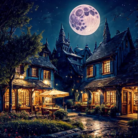 night scenery ( big blue moon )、big moon、 moonlight、 soft light 、cafe under the moon