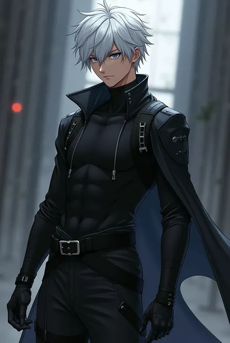 A cool anime character with white hair 
Gender should be male 
The outfit should be black 
Like Nagi from blue lock 