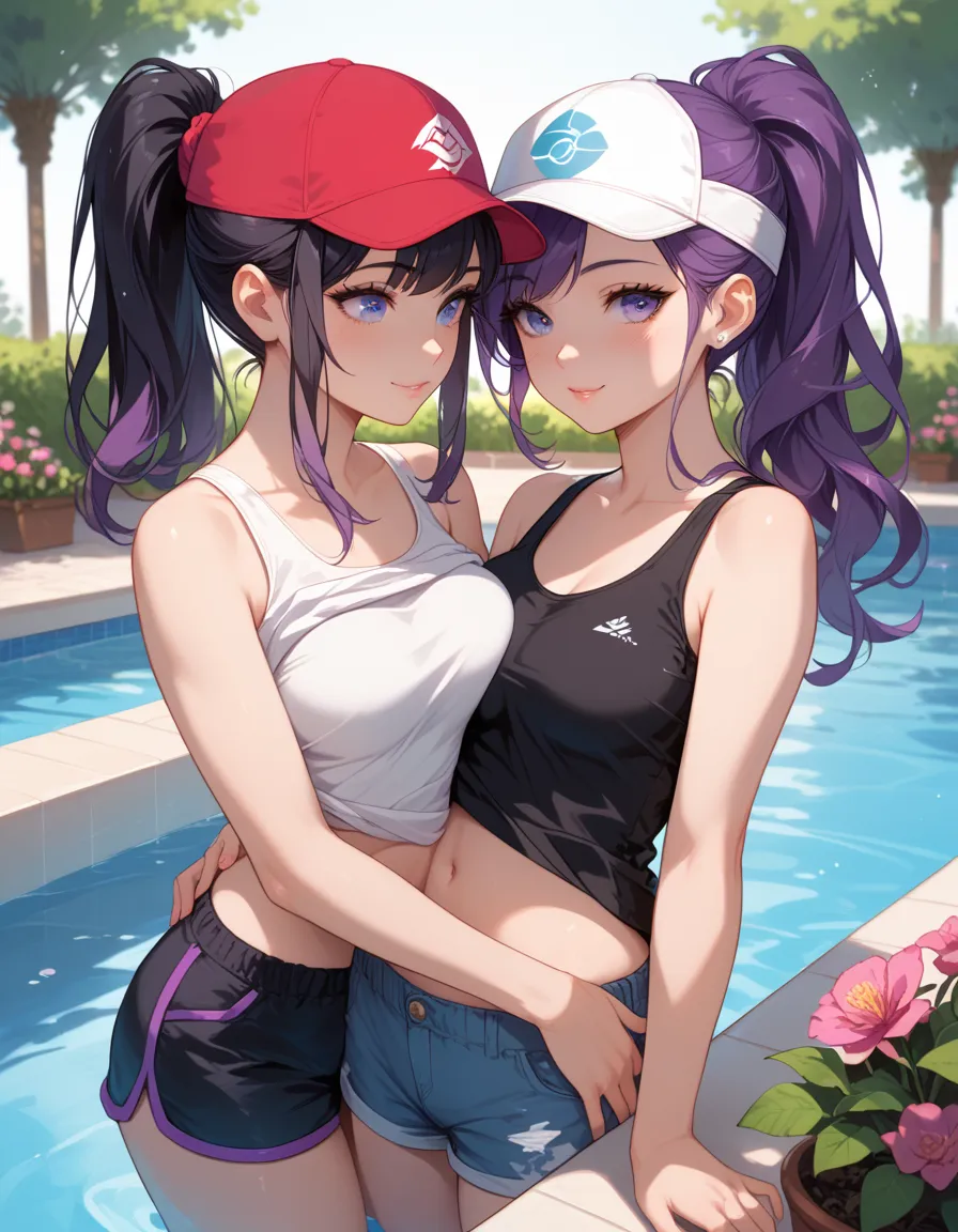 two girls, 1 sexy girl with long purple hair, cap, ponytail, shorts, tank top, medium breasts, 1 girl with long black hair, in a...