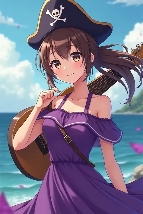 Donna, anime, wearing purple dress ,  brown hair tied,  pirate hat ,  guitar over her shoulders 