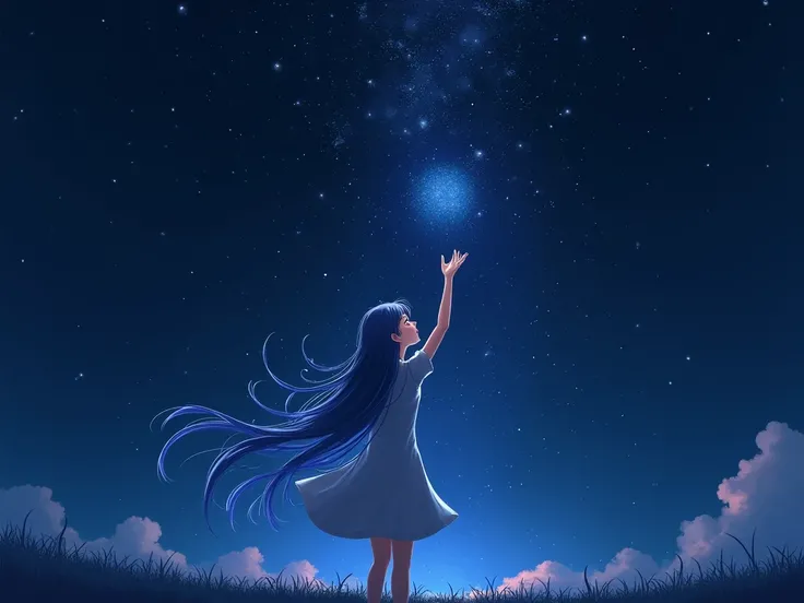 A single girl reaching out into the night sky
My long blue hair is fluttering
キラキラエフェクト,  Illustration ,  Digital Art, 